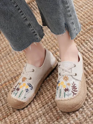 Cactus Rose | Garden Embroidered Linen Boat Shoes Espadrilles - Beige