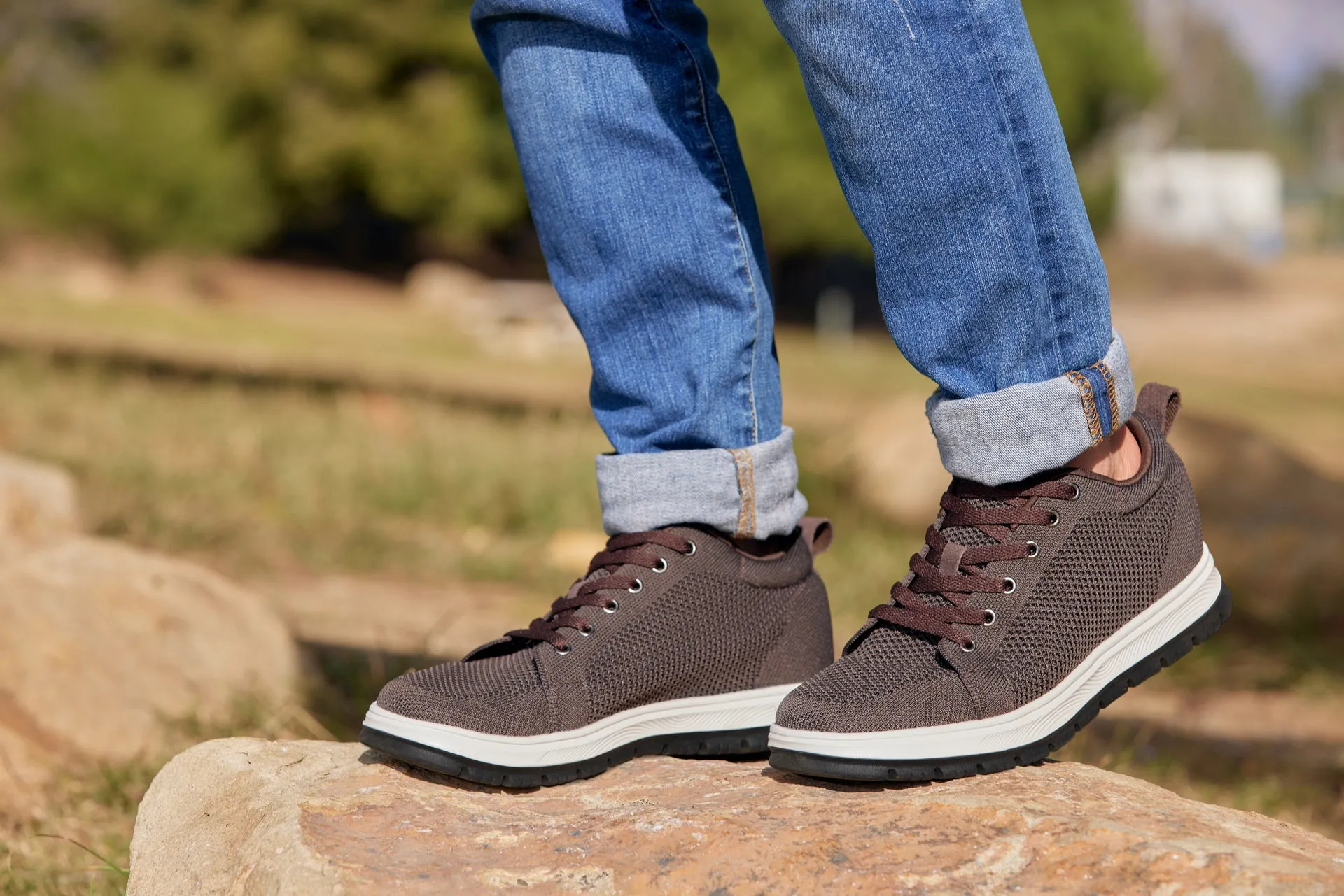 CALTO - X2325 - 2.4 Inches Taller (Dark Brown/White & Black Sole) - Lace Up Casual Sneaker - Lightweight