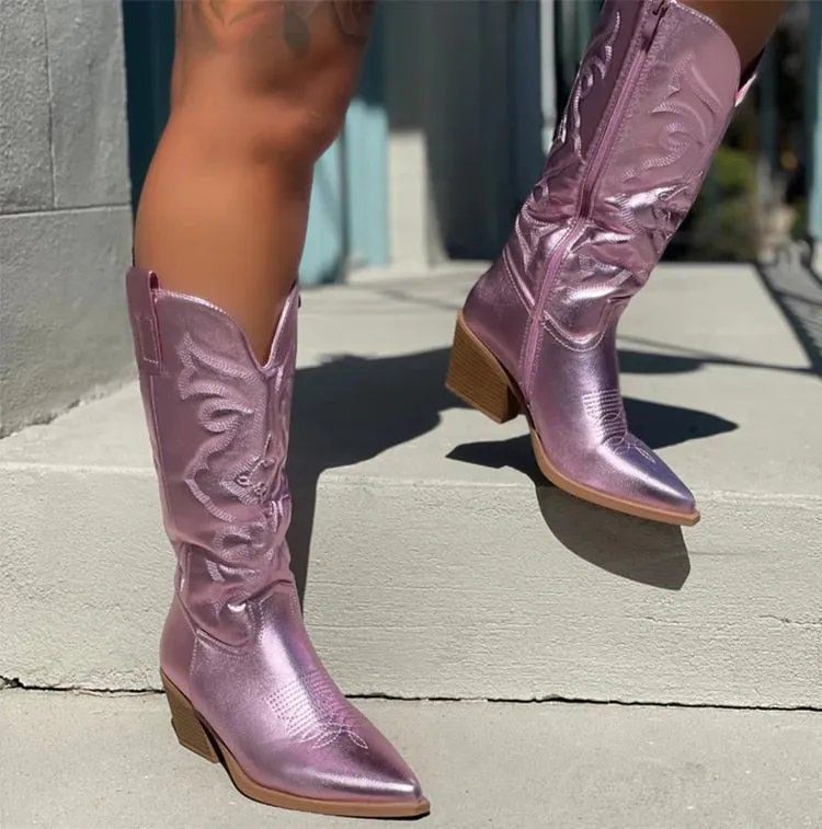 Ladies long cowboy boots Cowgirl Boots  Embroidered Pointed Toe Chunky Heel Mid Calf Western Boots Shinny Shoes