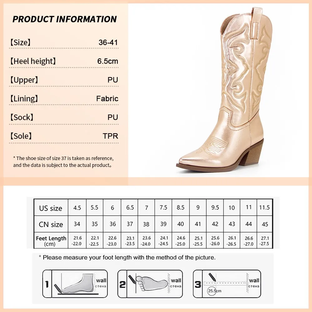 Ladies long cowboy boots Cowgirl Boots  Embroidered Pointed Toe Chunky Heel Mid Calf Western Boots Shinny Shoes