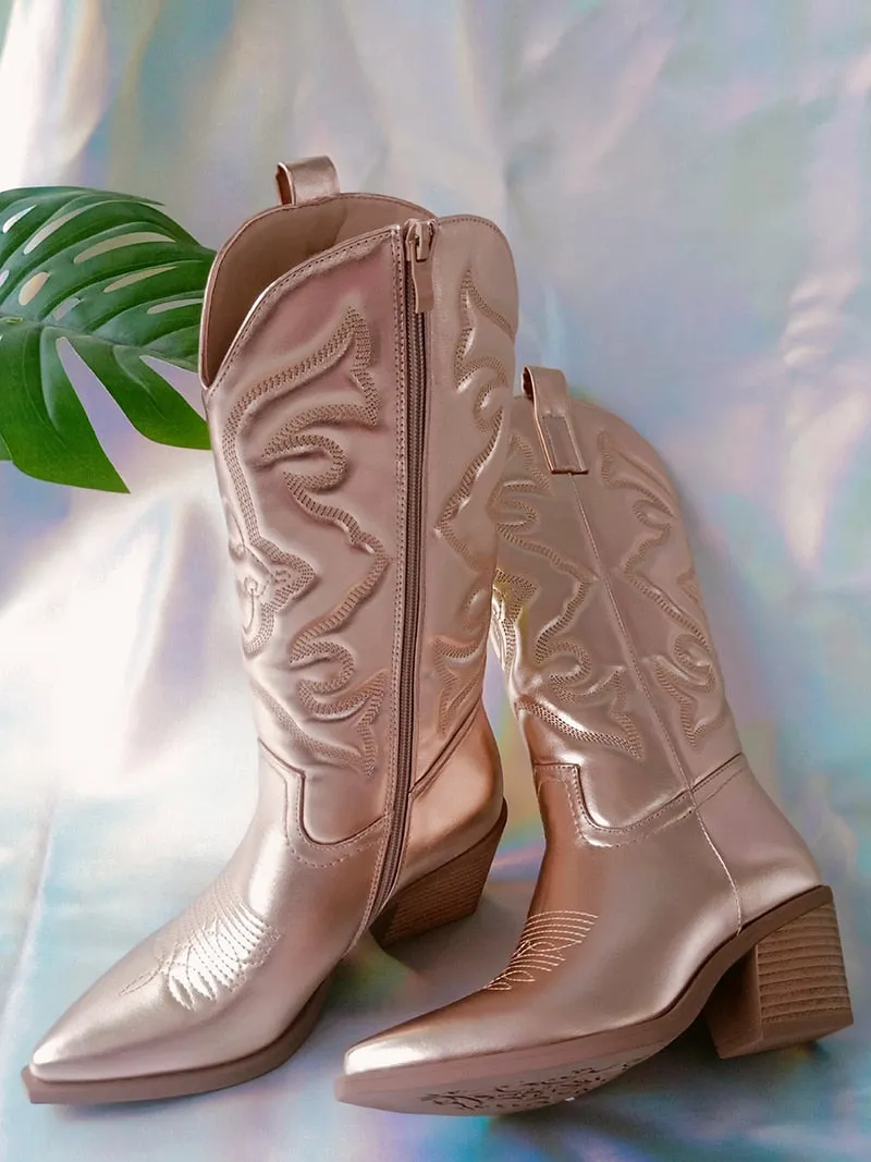 Ladies long cowboy boots Cowgirl Boots  Embroidered Pointed Toe Chunky Heel Mid Calf Western Boots Shinny Shoes