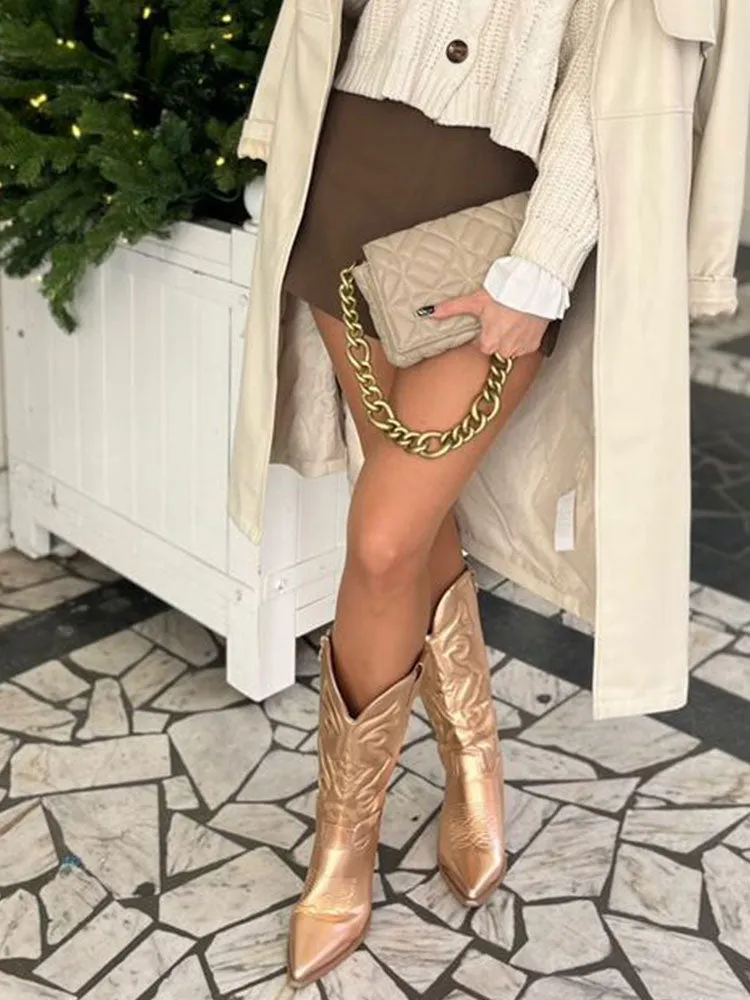 Ladies long cowboy boots Cowgirl Boots  Embroidered Pointed Toe Chunky Heel Mid Calf Western Boots Shinny Shoes