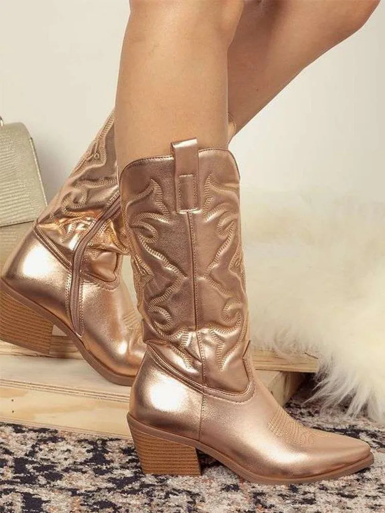 Ladies long cowboy boots Cowgirl Boots  Embroidered Pointed Toe Chunky Heel Mid Calf Western Boots Shinny Shoes