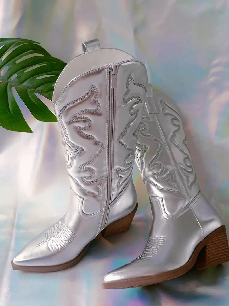 Ladies long cowboy boots Cowgirl Boots  Embroidered Pointed Toe Chunky Heel Mid Calf Western Boots Shinny Shoes