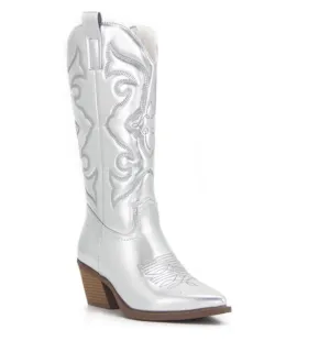 Ladies long cowboy boots Cowgirl Boots  Embroidered Pointed Toe Chunky Heel Mid Calf Western Boots Shinny Shoes
