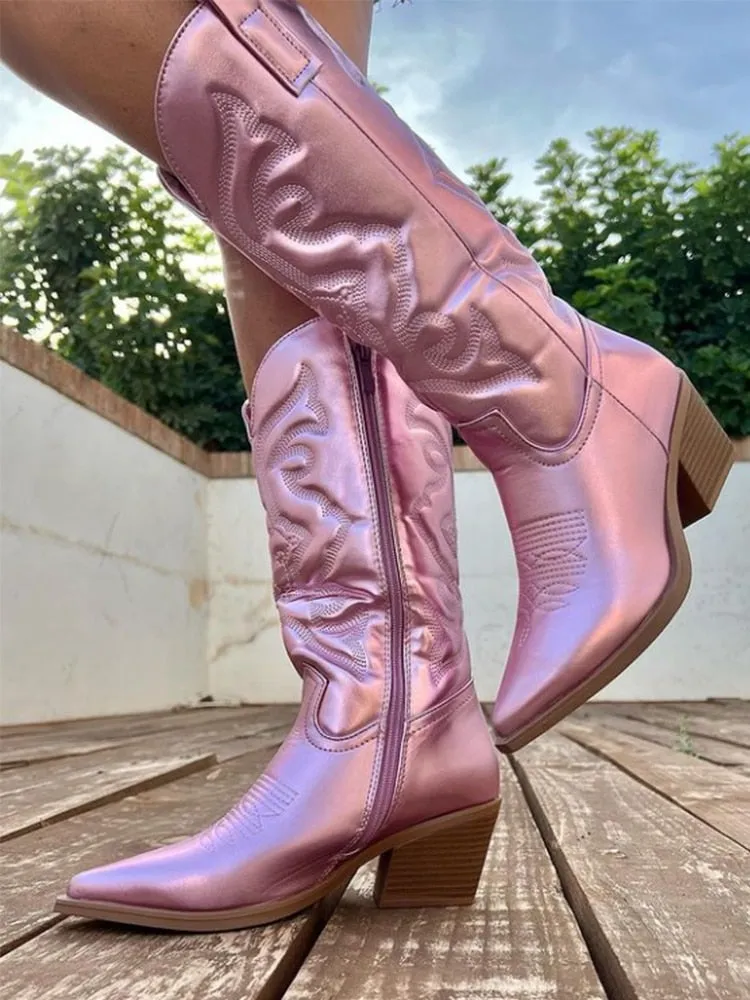 Ladies long cowboy boots Cowgirl Boots  Embroidered Pointed Toe Chunky Heel Mid Calf Western Boots Shinny Shoes
