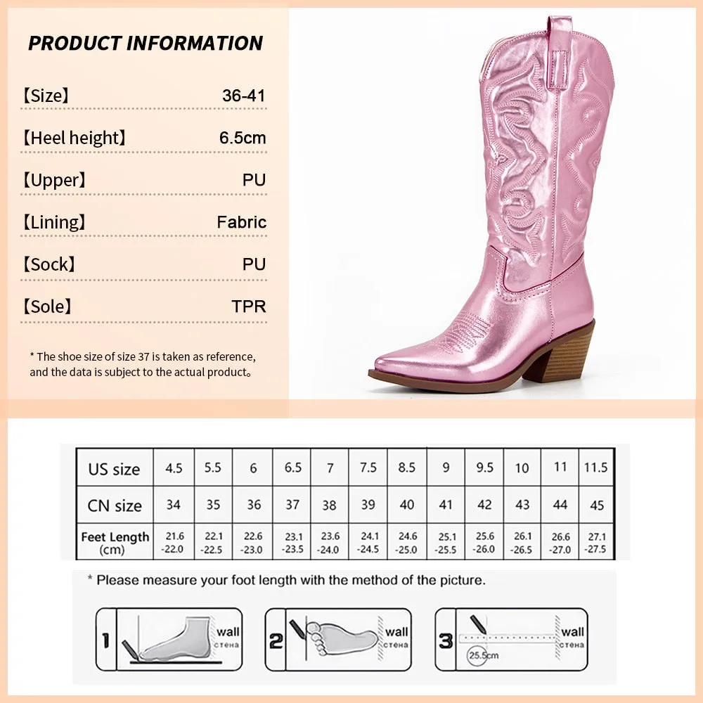 Ladies long cowboy boots Cowgirl Boots  Embroidered Pointed Toe Chunky Heel Mid Calf Western Boots Shinny Shoes