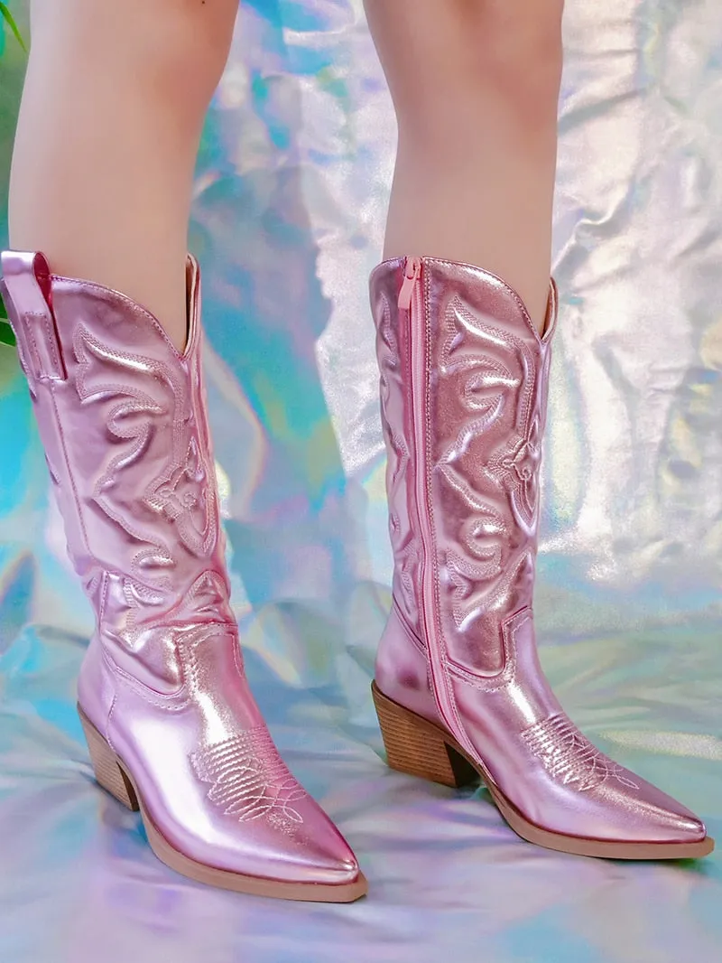 Ladies long cowboy boots Cowgirl Boots  Embroidered Pointed Toe Chunky Heel Mid Calf Western Boots Shinny Shoes