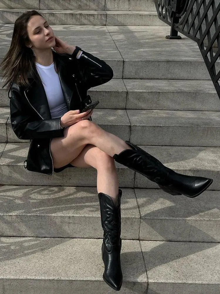 Ladies long cowboy boots Cowgirl Boots  Embroidered Pointed Toe Chunky Heel Mid Calf Western Boots Shinny Shoes