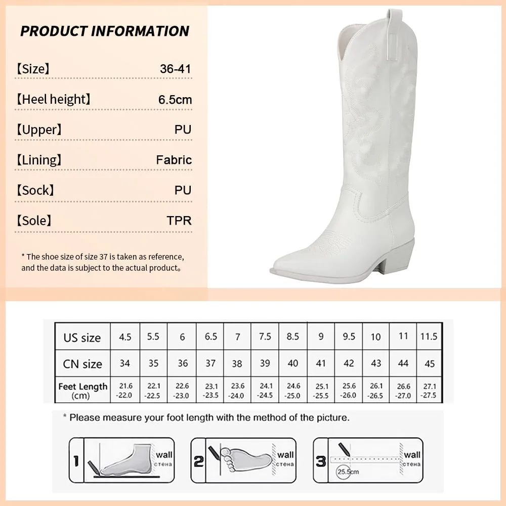 Ladies long cowboy boots Cowgirl Boots  Embroidered Pointed Toe Chunky Heel Mid Calf Western Boots Shinny Shoes