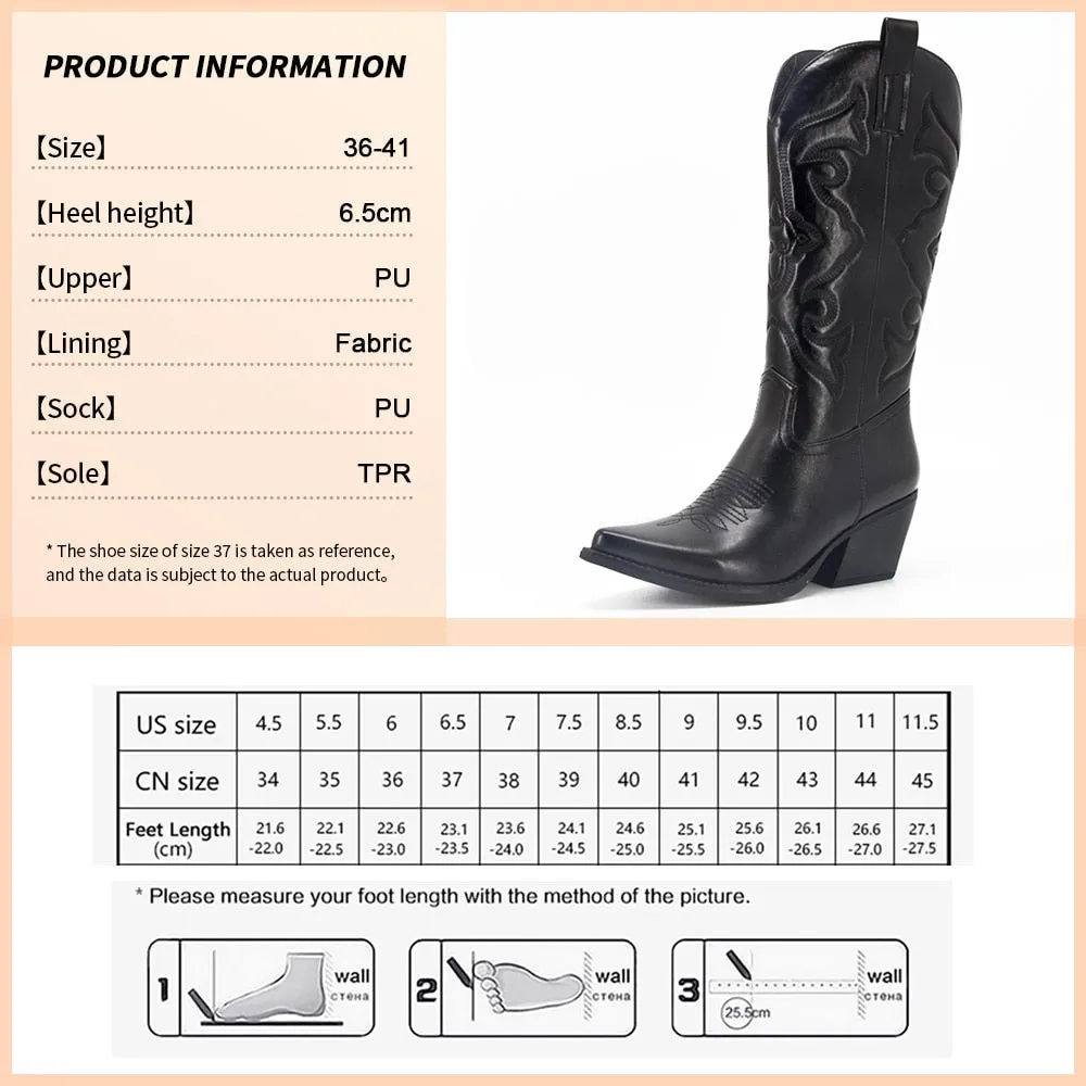 Ladies long cowboy boots Cowgirl Boots  Embroidered Pointed Toe Chunky Heel Mid Calf Western Boots Shinny Shoes