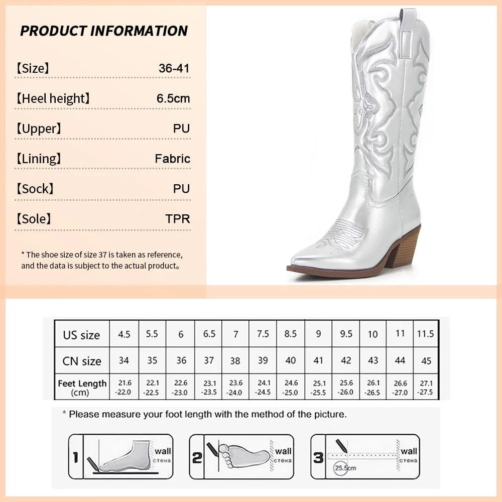 Ladies long cowboy boots Cowgirl Boots  Embroidered Pointed Toe Chunky Heel Mid Calf Western Boots Shinny Shoes