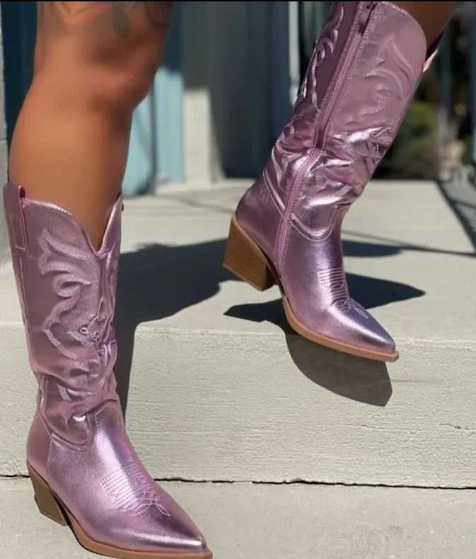Ladies long cowboy boots Cowgirl Boots  Embroidered Pointed Toe Chunky Heel Mid Calf Western Boots Shinny Shoes