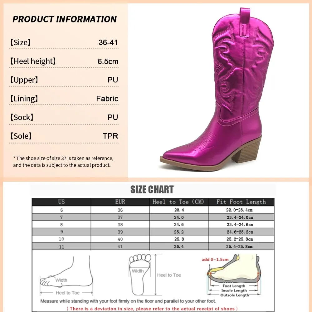 Ladies long cowboy boots Cowgirl Boots  Embroidered Pointed Toe Chunky Heel Mid Calf Western Boots Shinny Shoes