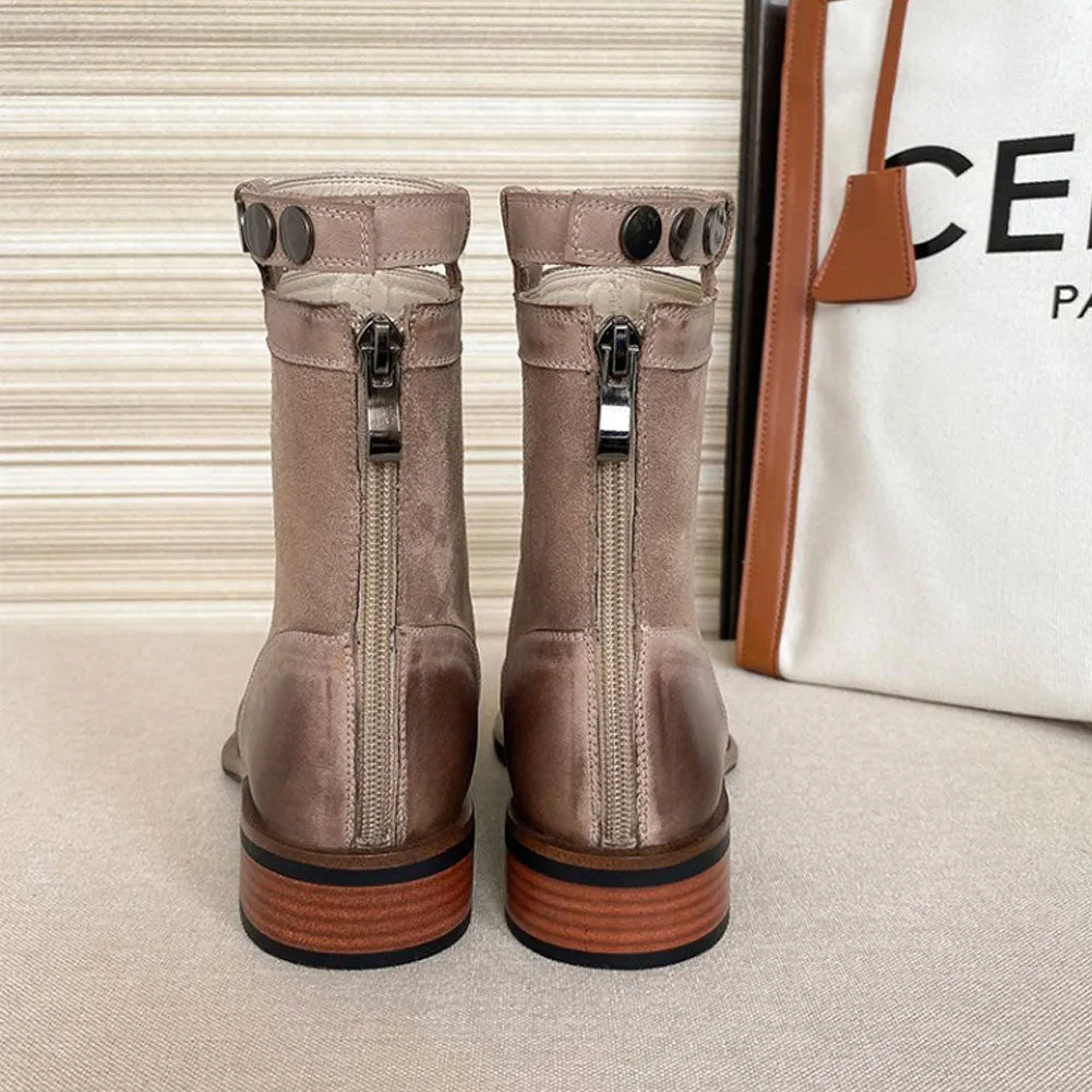 Ladies Retro Gradient Square Toe Low Heel Women Ankle Boots Zip Buckle