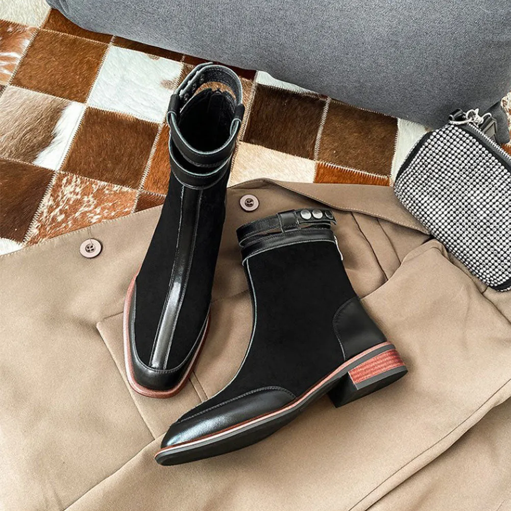 Ladies Retro Gradient Square Toe Low Heel Women Ankle Boots Zip Buckle