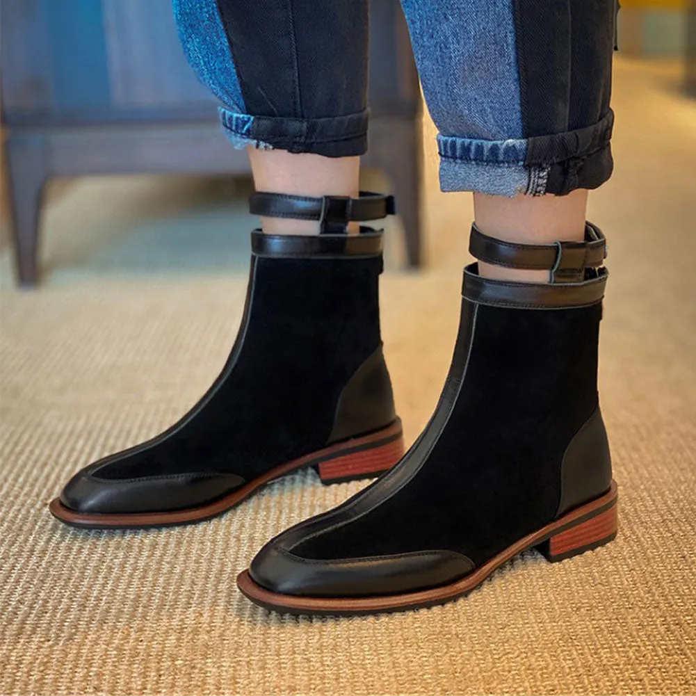 Ladies Retro Gradient Square Toe Low Heel Women Ankle Boots Zip Buckle