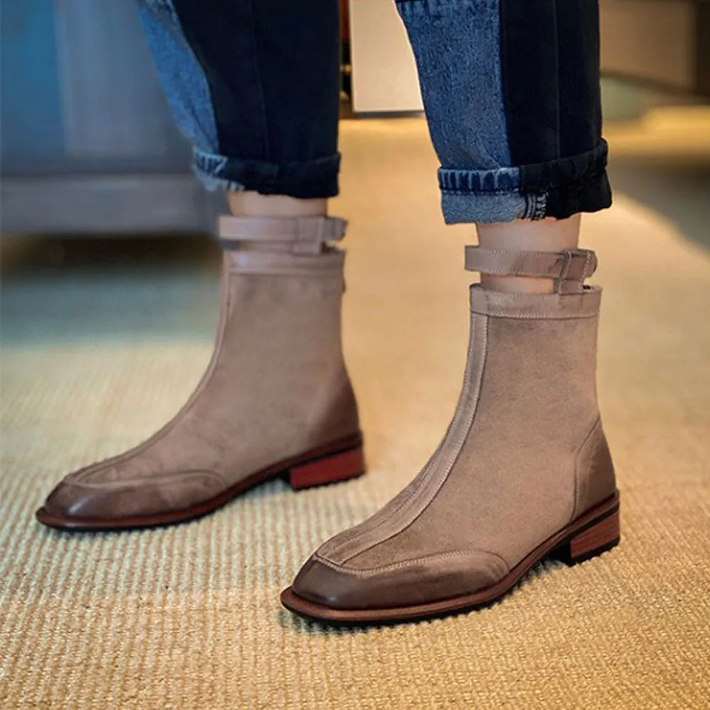 Ladies Retro Gradient Square Toe Low Heel Women Ankle Boots Zip Buckle
