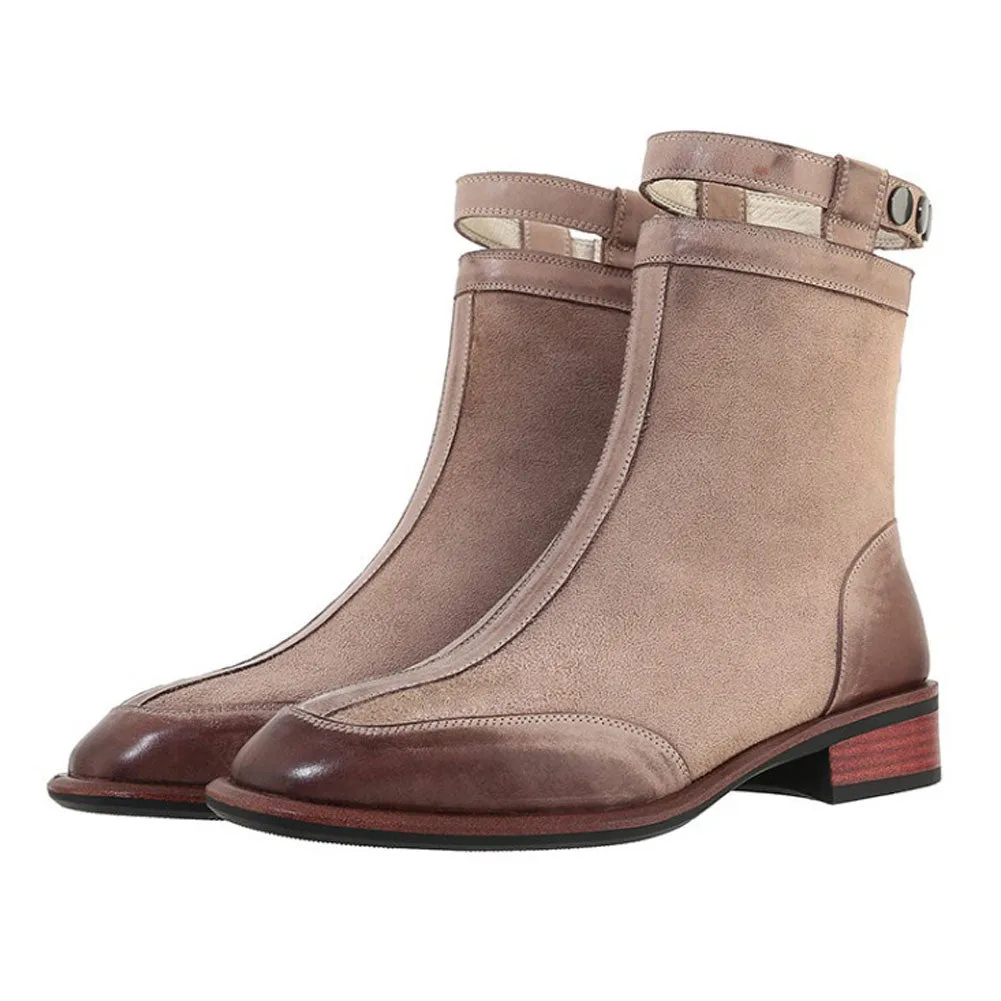 Ladies Retro Gradient Square Toe Low Heel Women Ankle Boots Zip Buckle