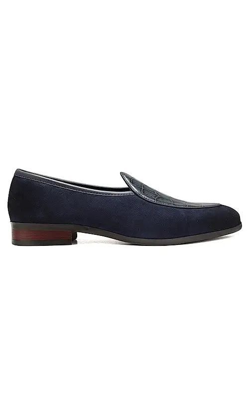 Navy Croco Textured Loafers