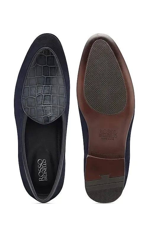 Navy Croco Textured Loafers
