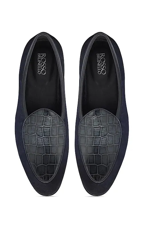 Navy Croco Textured Loafers