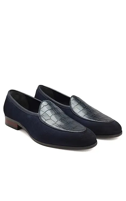 Navy Croco Textured Loafers