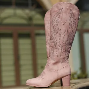 Women's pink knee high floral embroidery cowboy boots block heel werstern boots